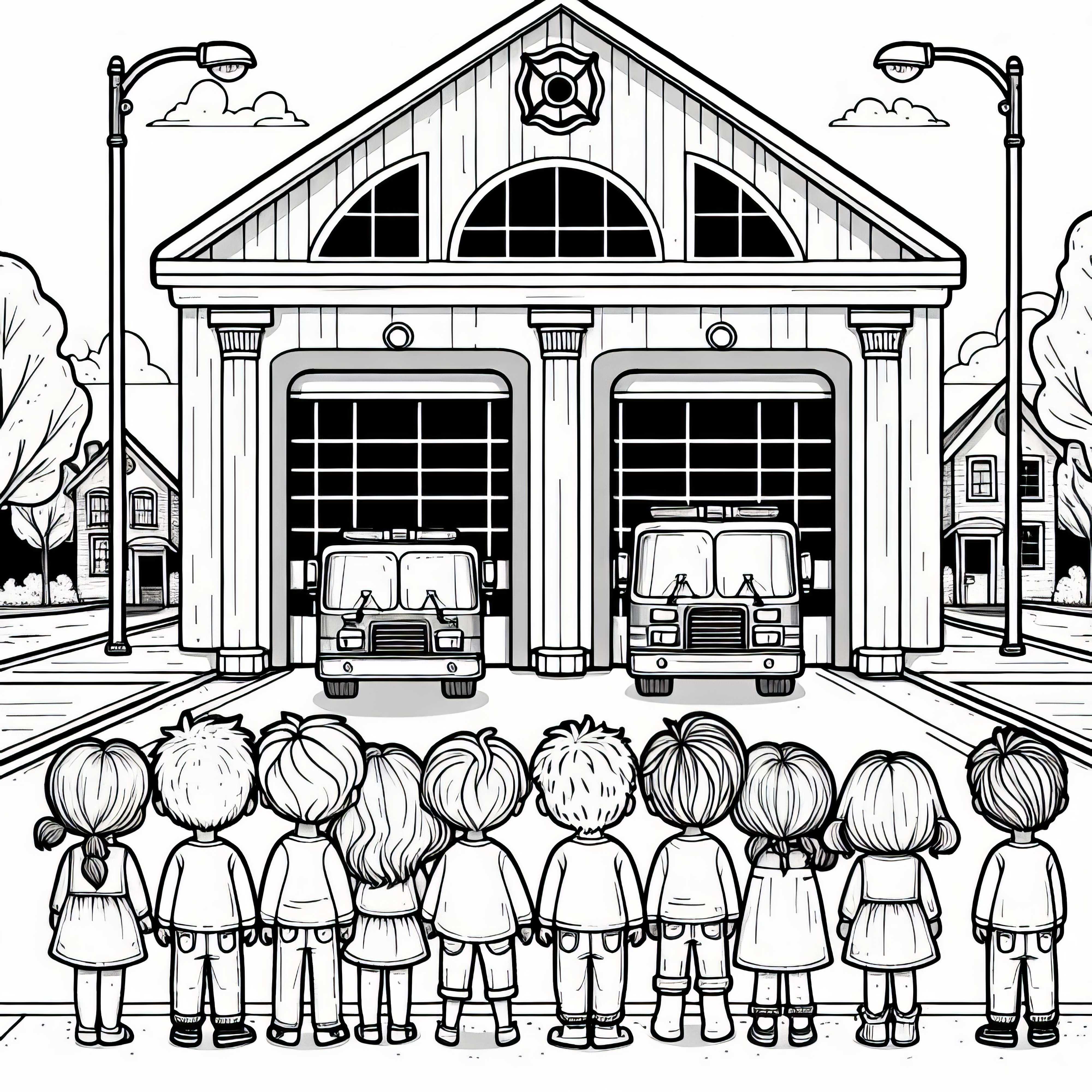 Desenho para colorir de crianças na estação de bombeiros grátis
