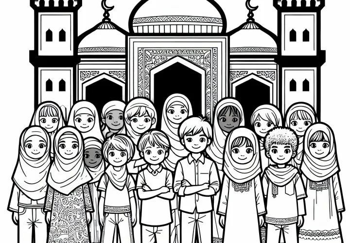 Children in front of mosque coloring template free