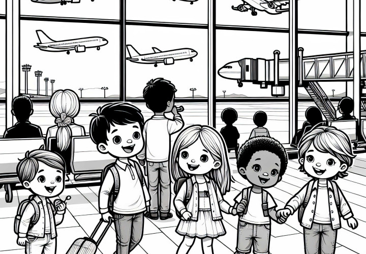 Children at the airport - free coloring page