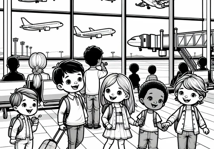 Children at the airport - free coloring page