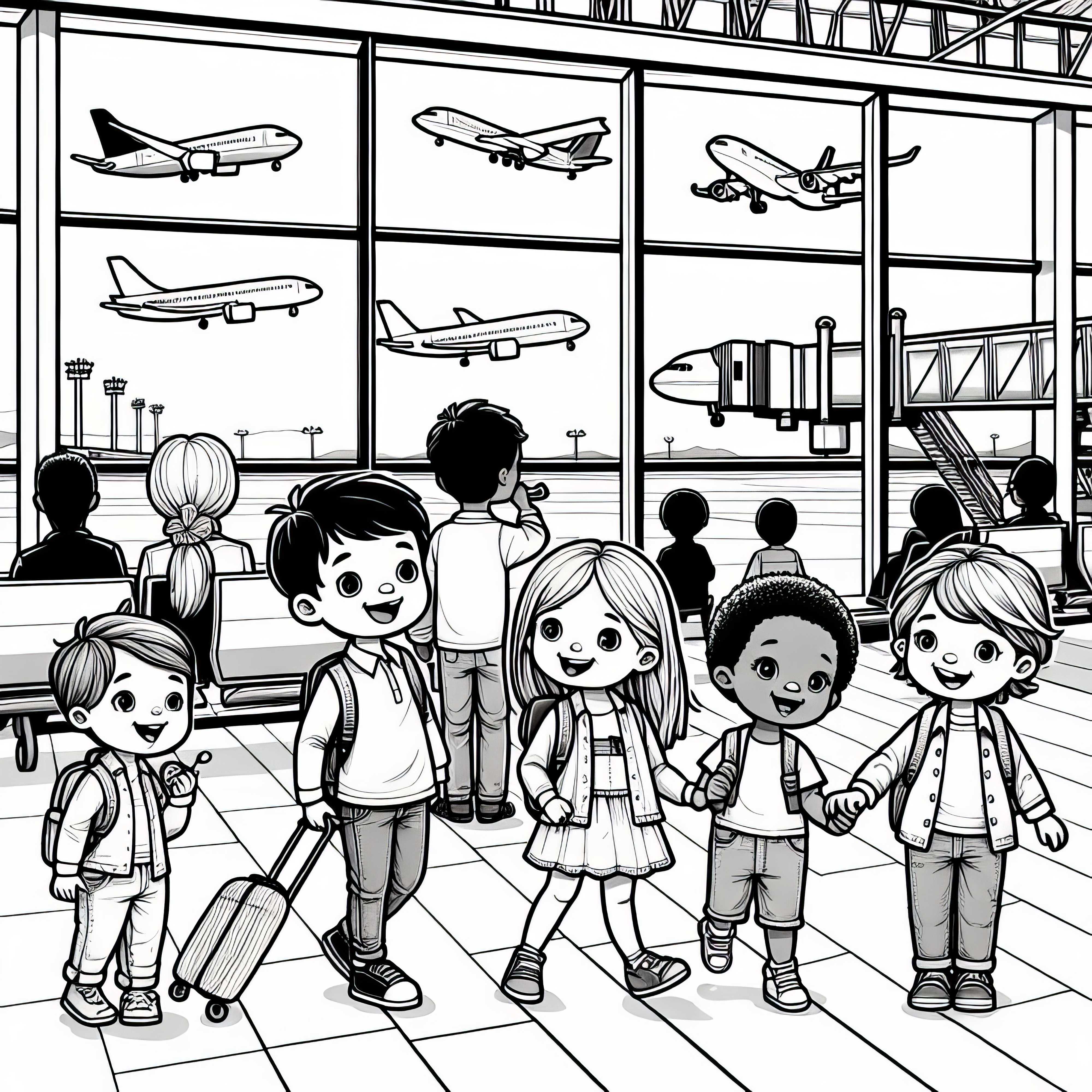 Children at the airport - coloring page free Children at the airport - Free coloring page
