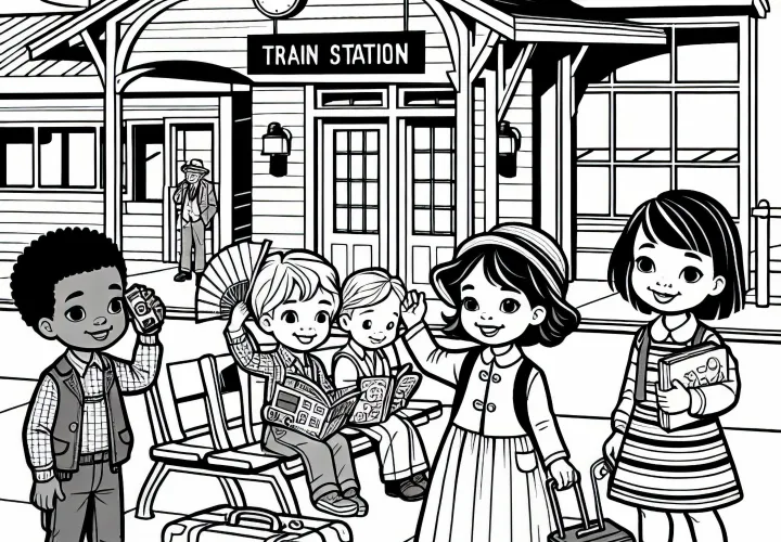 Children at the Train Station Coloring Page Free