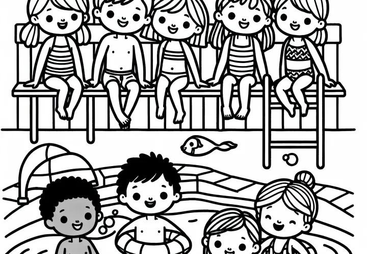 Children in the swimming pool - free coloring template