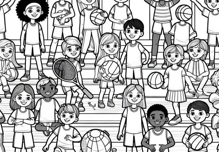 Children in gymnasium as coloring page - download for free