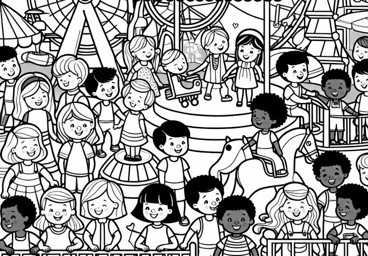 Children in the amusement park coloring page free
