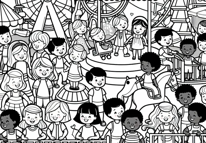 Children in the amusement park coloring page free