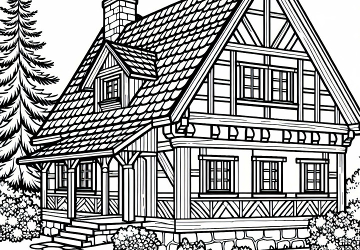 Desenho para colorir de casa em estilo enxaimel grátis