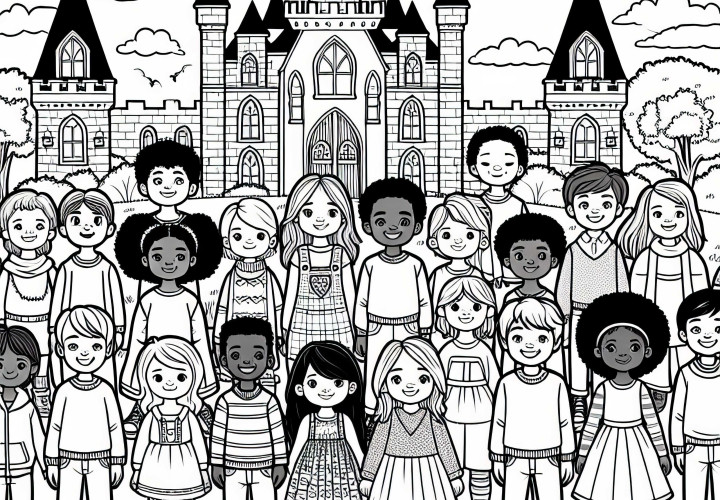 Děti před zámkem – zdarma k vybarvení