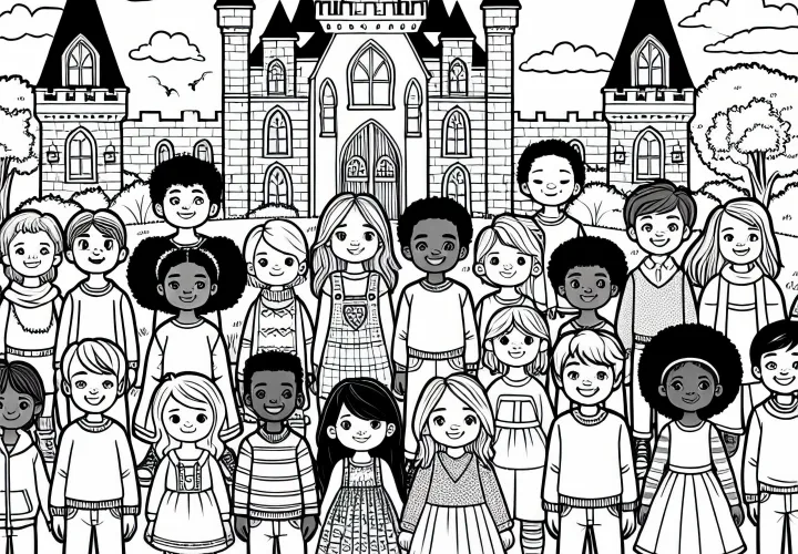 城の前の子供たち - 無料塗り絵