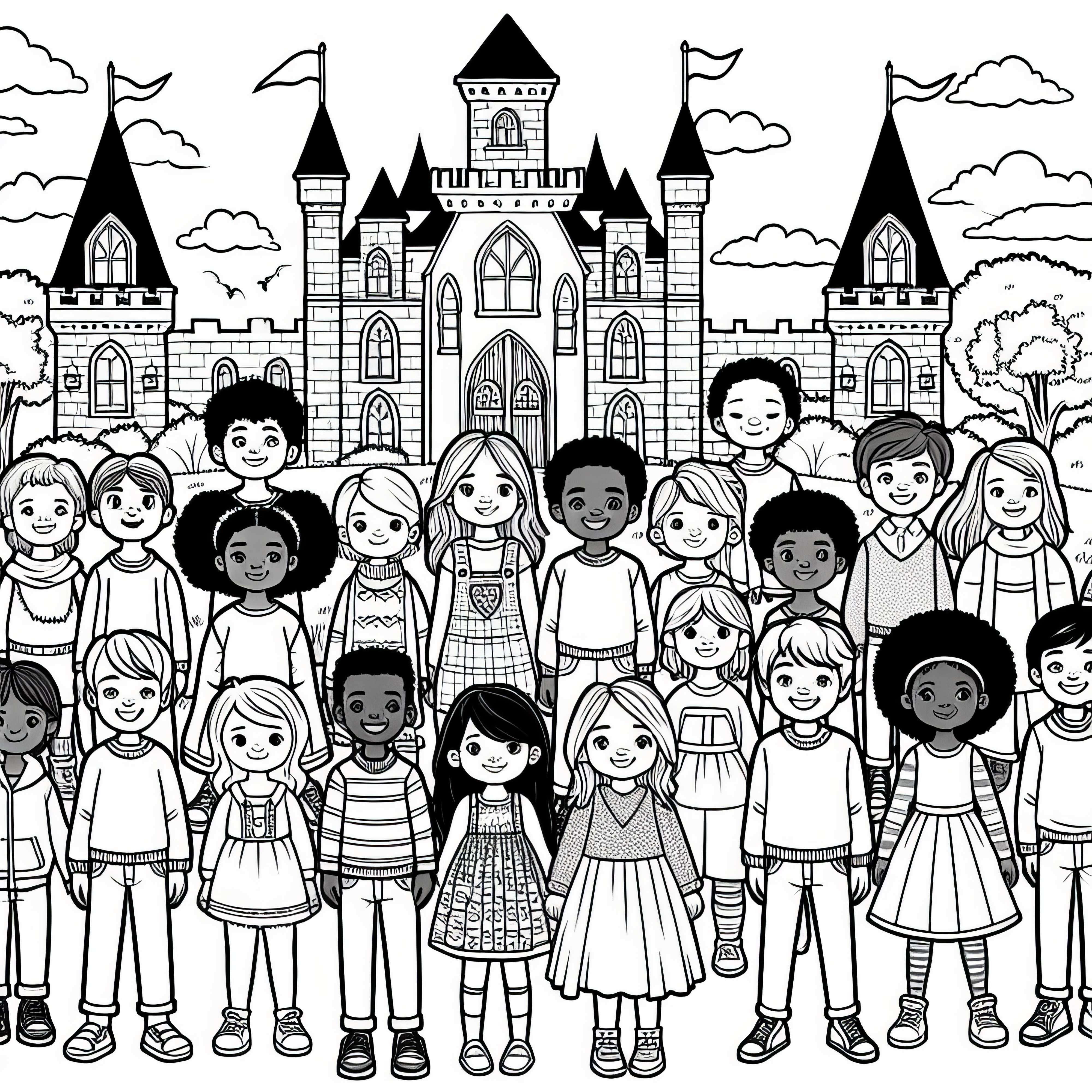 お城の前の子供たち - 無料の塗り絵 お城の前の子供たち - 無料塗り絵
