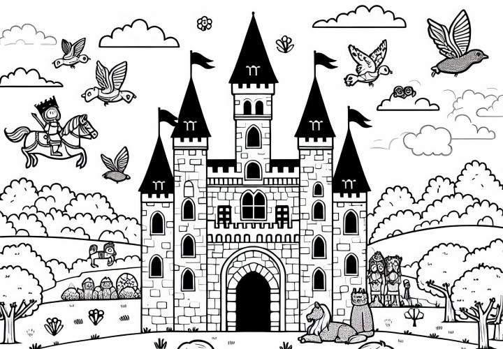 Coloring page for children with a historical castle