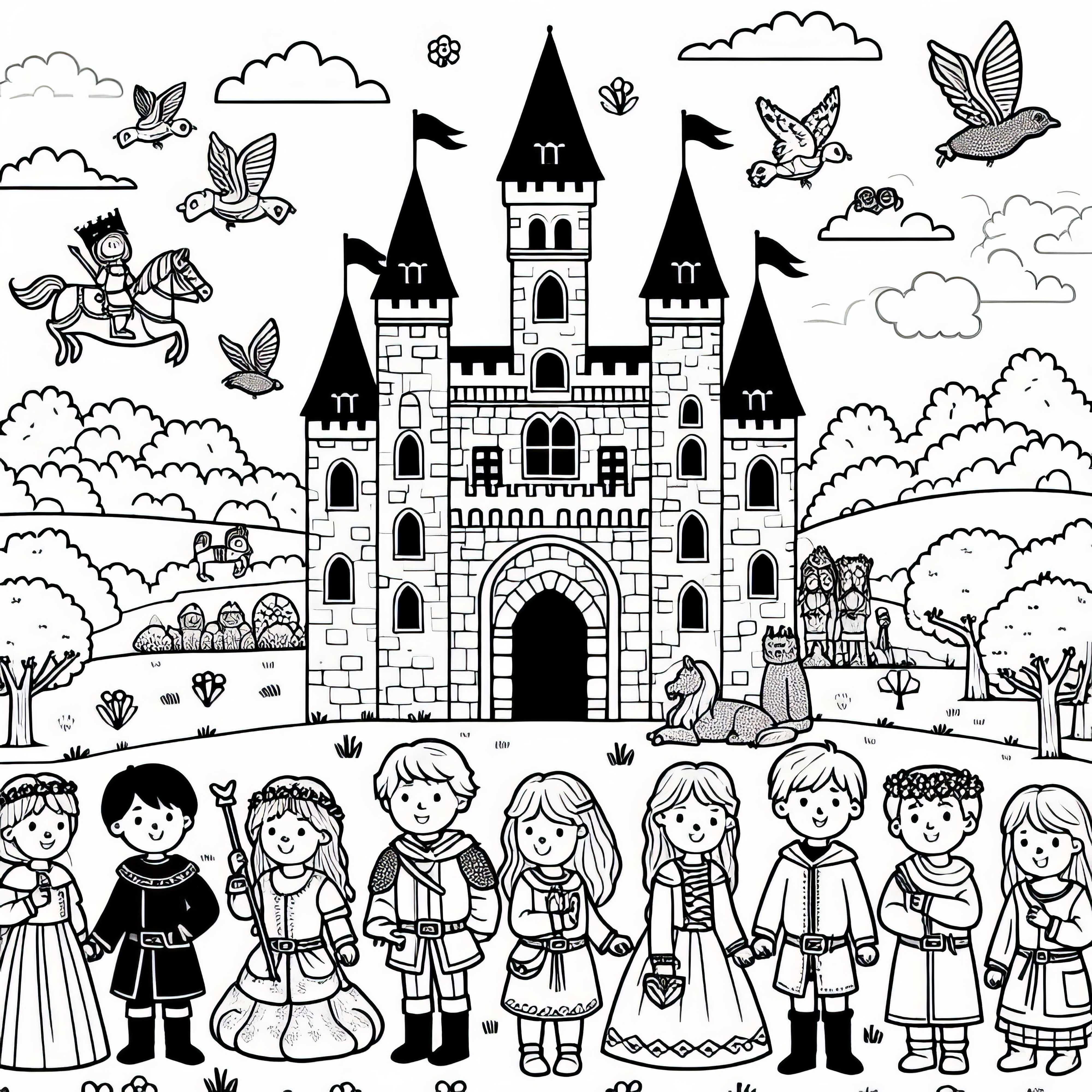 Desenho para colorir para crianças com castelo histórico