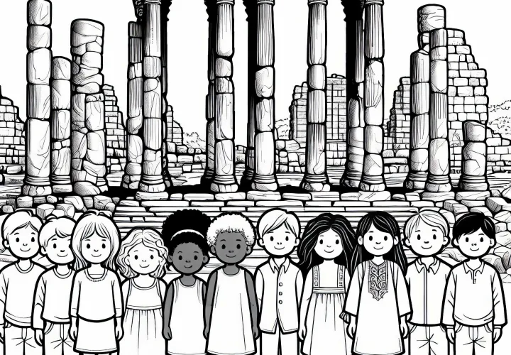 廃墟の前の子供たち - 無料で塗り絵をダウンロード