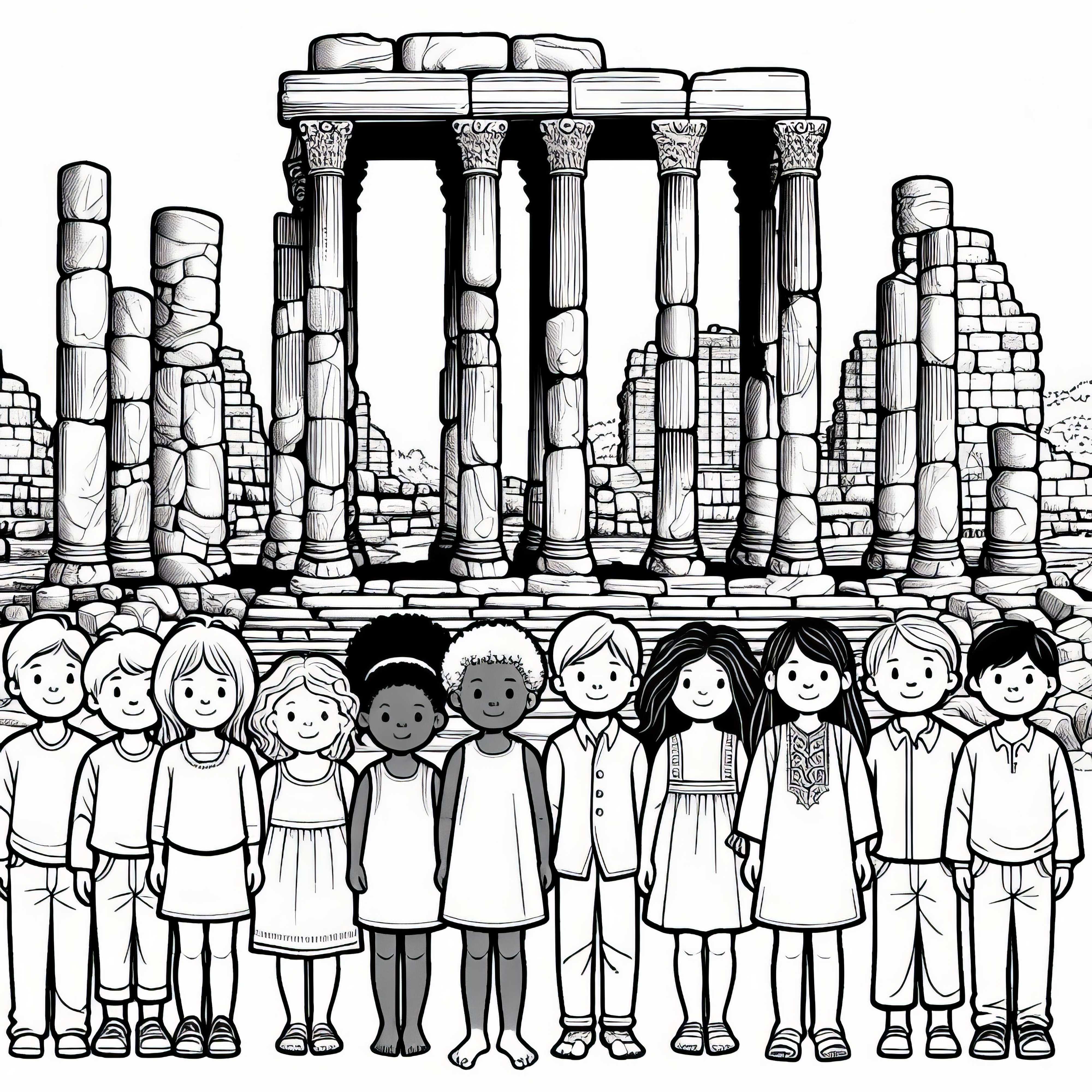 아이들 앞의 폐허 - 무료로 색칠할 수 있는 그림 다운로드