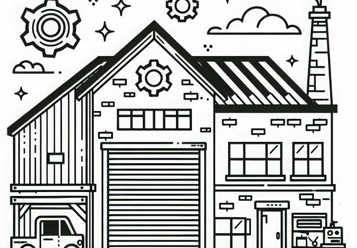 Modèle de coloriage gratuit : image à colorier d'un bâtiment industriel