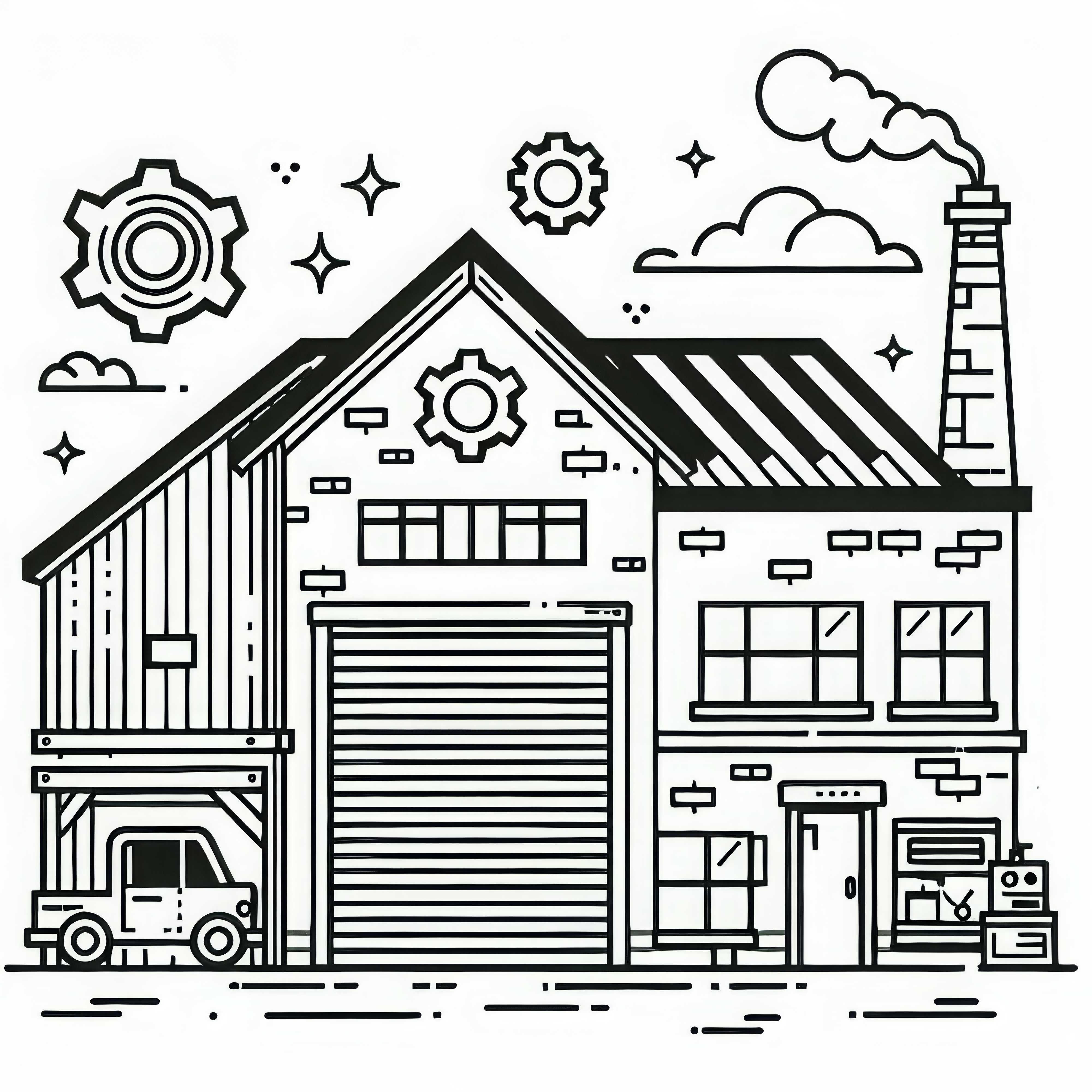 Modèle de coloriage gratuit : image à colorier d'un bâtiment industriel