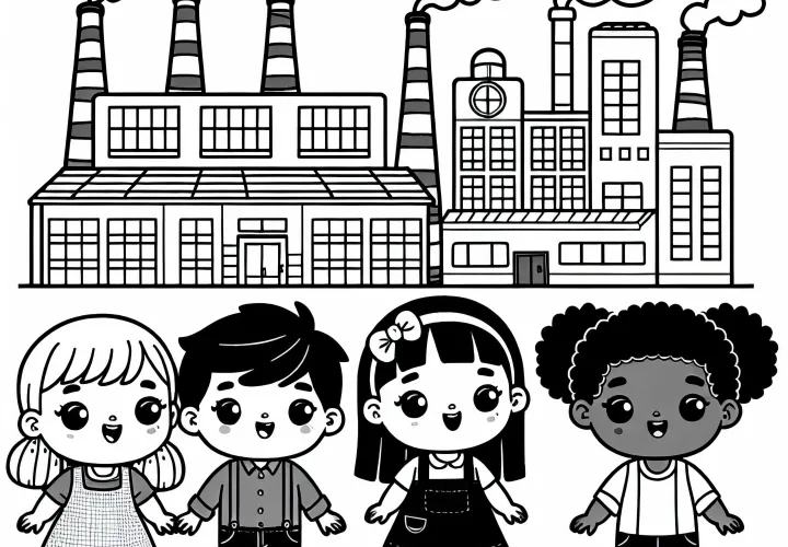 Enfants devant l'usine : télécharger gratuitement un coloriage