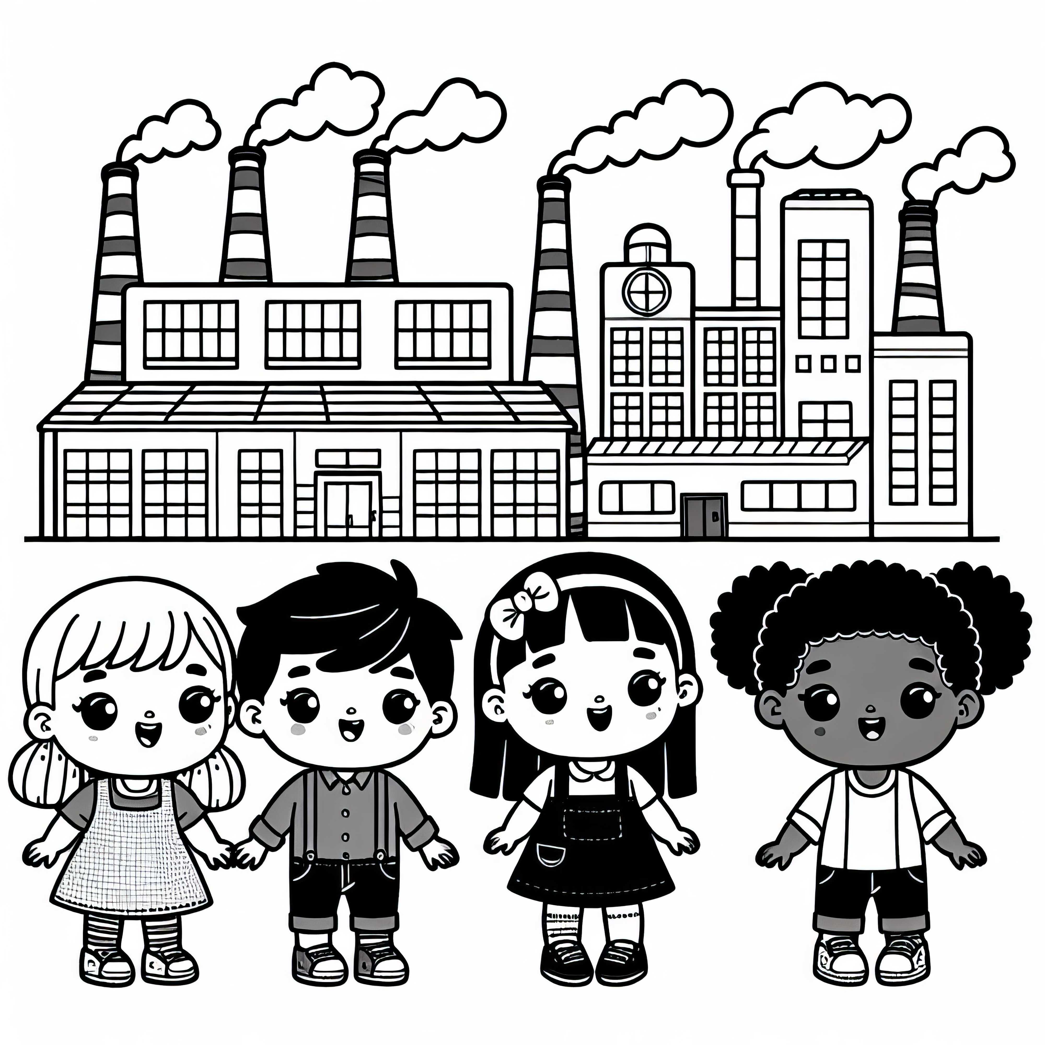 공장 앞의 아이들: 무료로 색칠하기 이미지 다운로드
