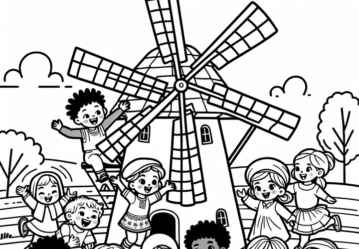 Children in front of a windmill - Download the coloring page for free