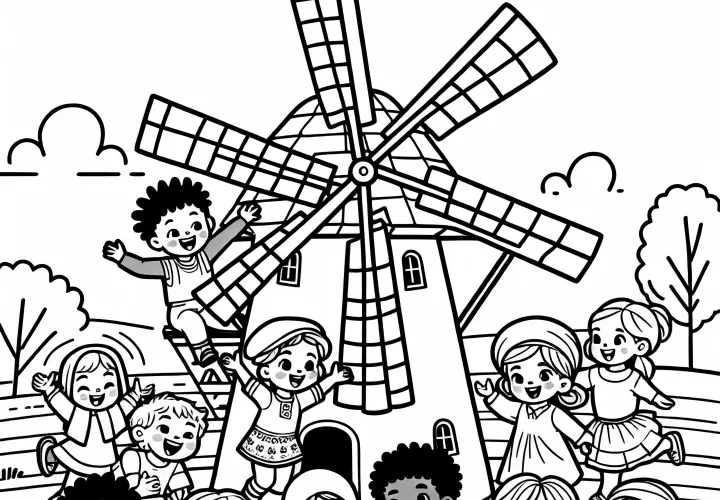 Enfants devant le moulin – Télécharger gratuitement un dessin à colorier