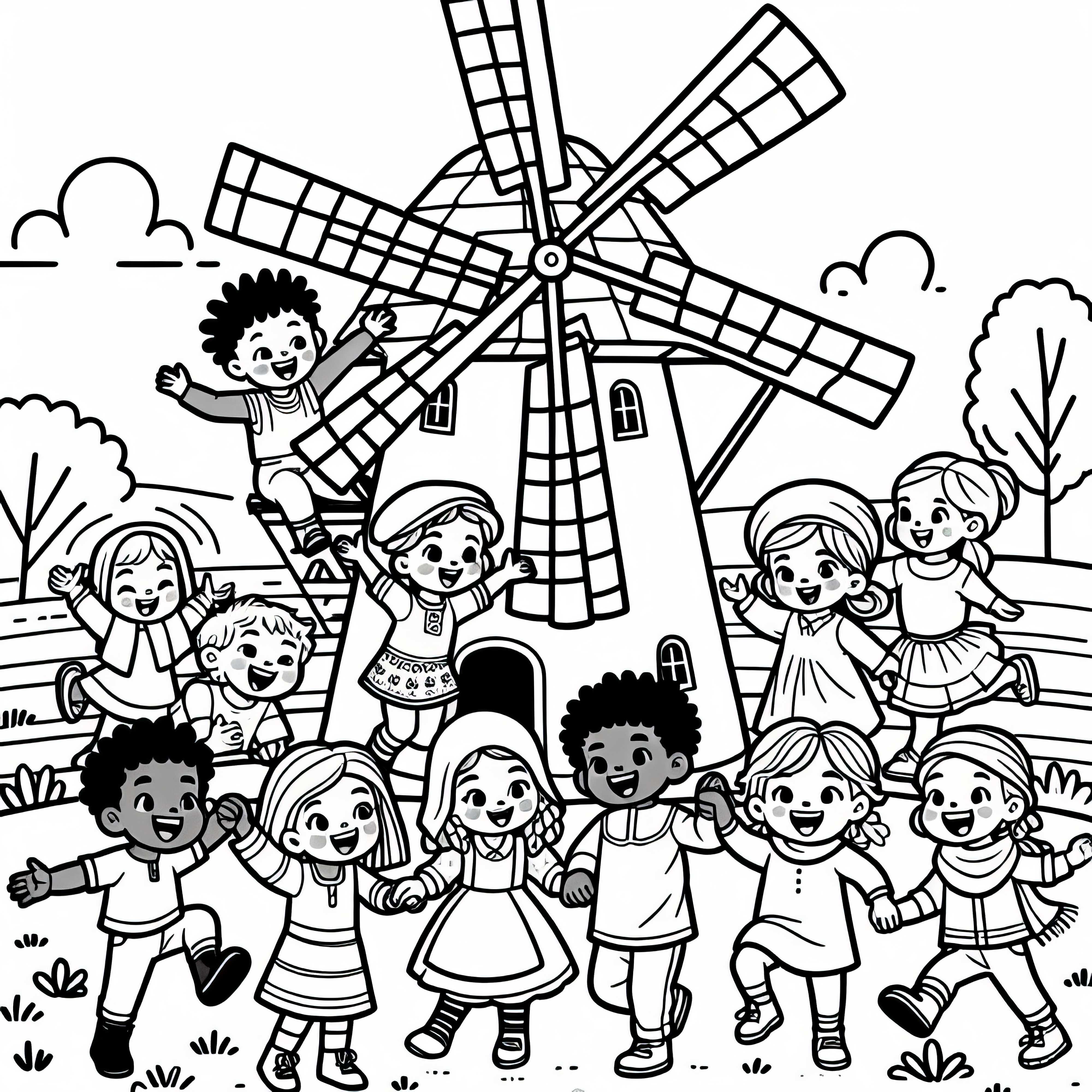 아이들 앞의 풍차 - 무료로 색칠할 수 있는 그림 다운로드 아이들이 있는 맷돌 – 무료로 색칠하기 이미지 다운로드