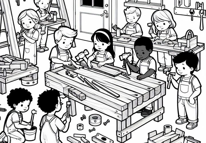 작업실에서의 아이들 - 무료 색칠 공부 페이?