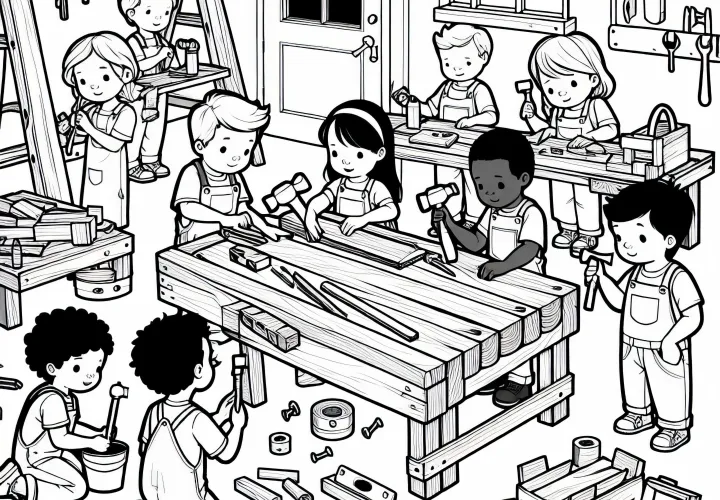 Enfants dans l'atelier - Modèle de coloriage gratuit