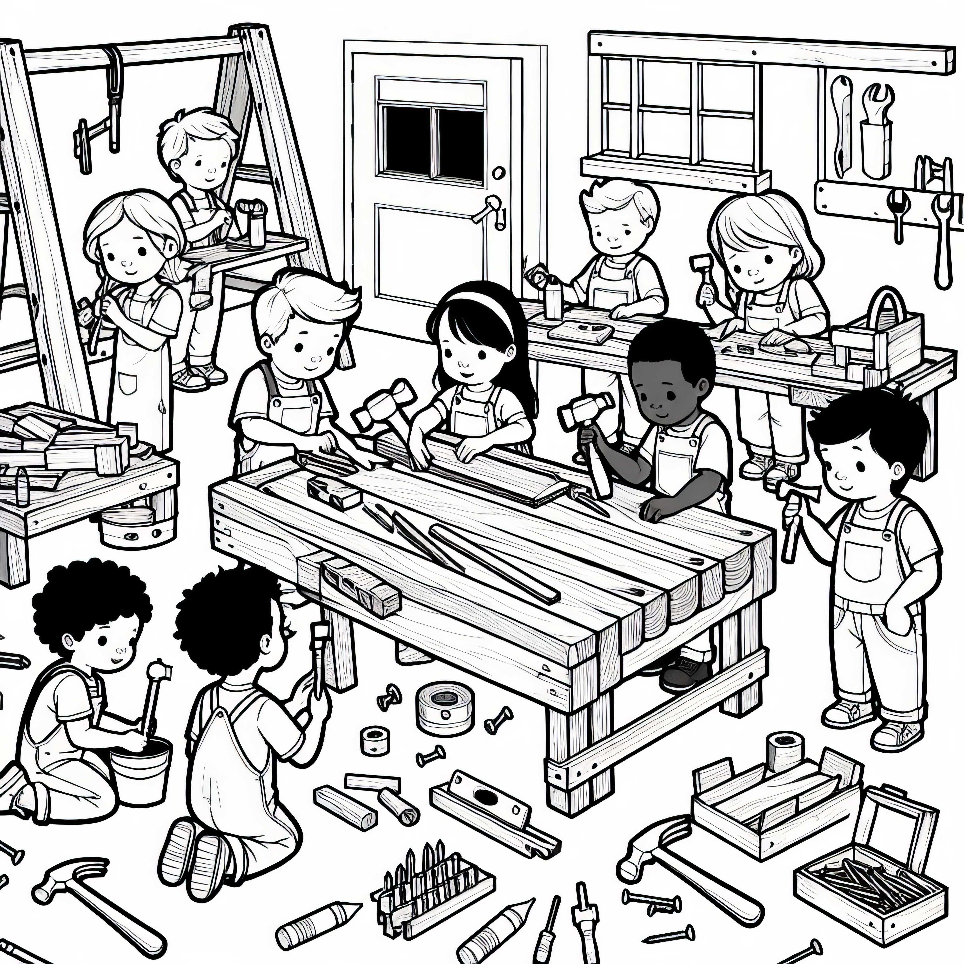 Děti v dílně - bezplatná omalovánka