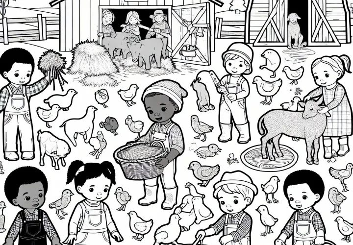 Enfants à la ferme - Dessin à colorier gratuit