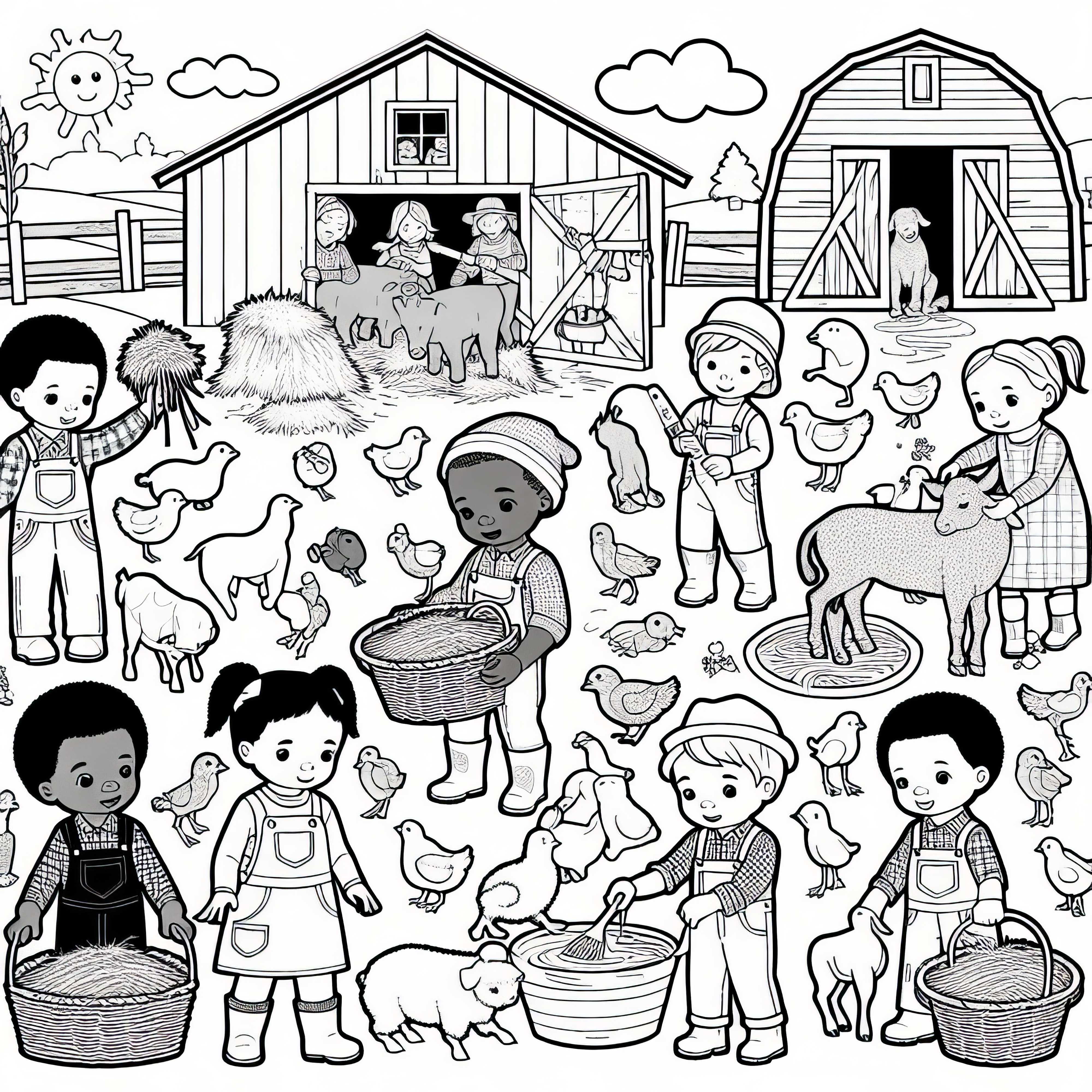 Otroci na kmetiji – brezplačna pobarvanka Otroci na kmetiji - brezplačna barvna predloga