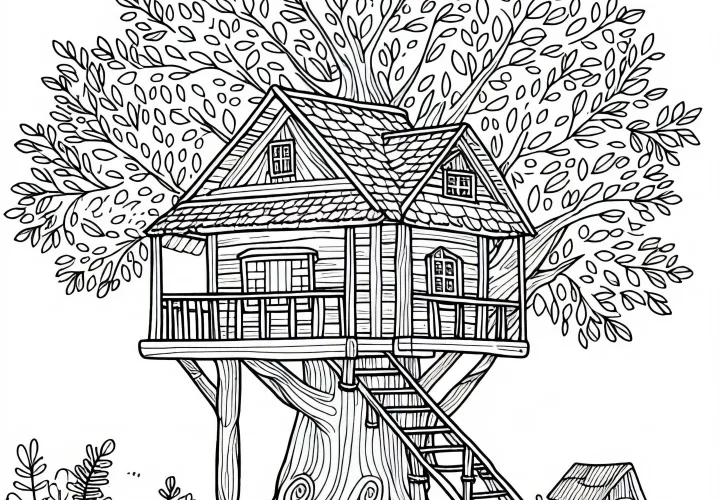 Image à colorier d'une maison dans un arbre gratuite