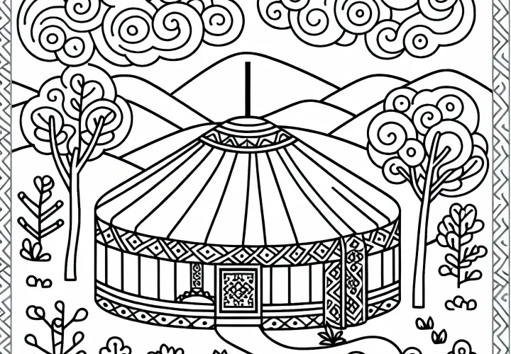 Dessin à colorier de yourte gratuit à télécharger