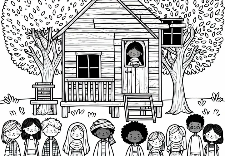 Enfants devant un coloriage de maison dans un arbre gratuit