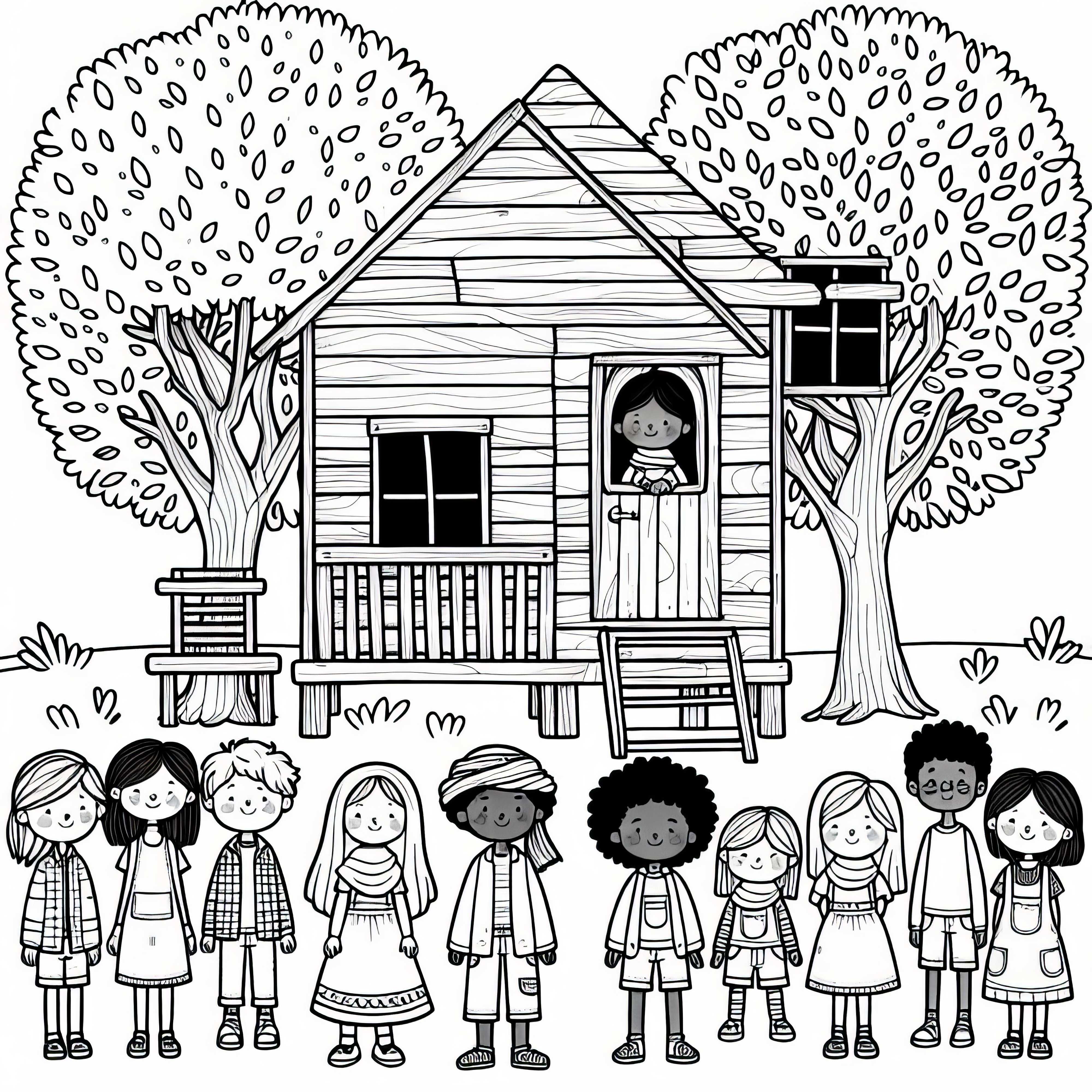 Gambar mewarnai anak-anak di depan rumah pohon gratis
