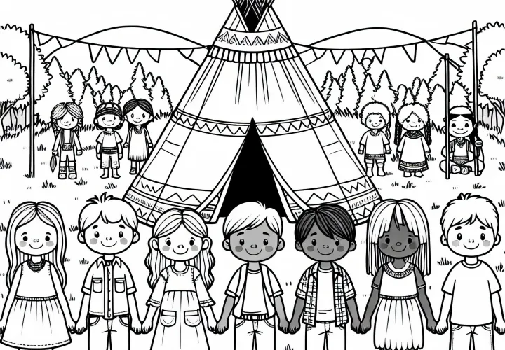 Téléchargez gratuitement un coloriage d'enfants devant un tipi
