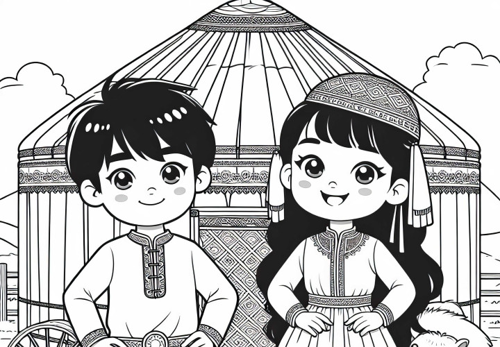 Anak-anak di depan Jurte – Template mewarnai gratis