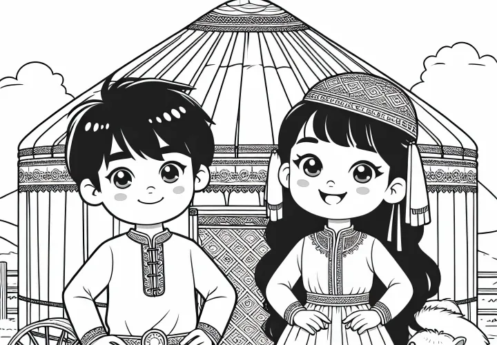 Enfants devant une yourte - Dessin à colorier gratuit