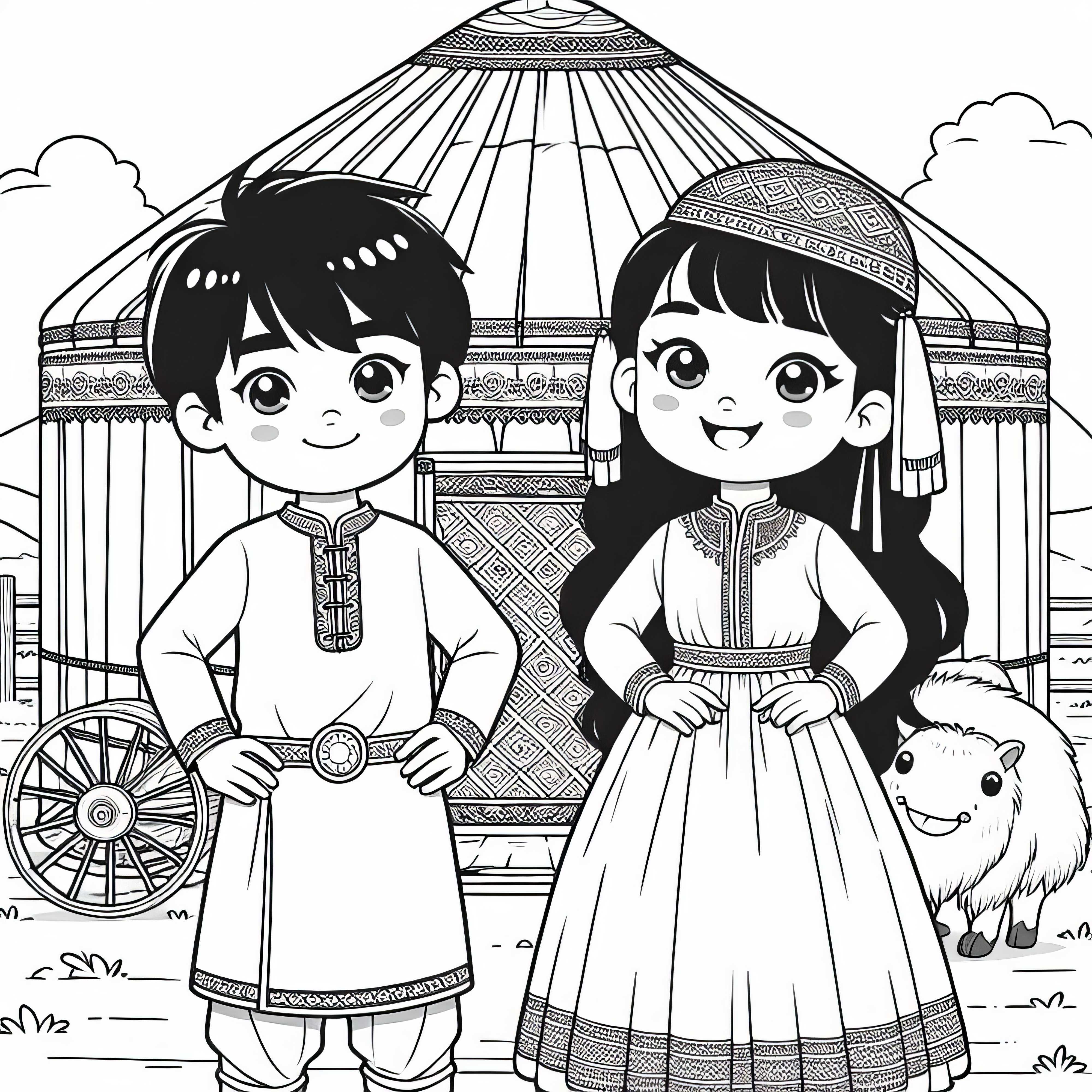 Anak-anak di depan Jurte – Template mewarnai gratis Anak-anak di depan Yurt – Contoh gambar untuk diwarnai gratis