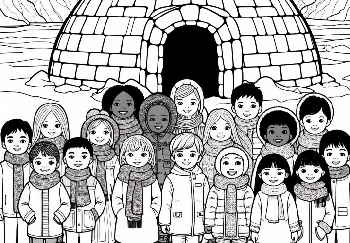 Anak-anak di depan iglo - Gambar mewarnai gratis