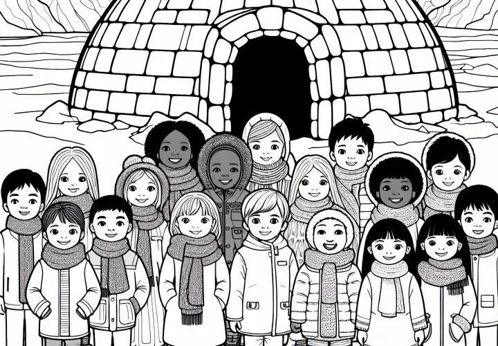 Enfants devant un igloo - Dessin à colorier gratuit