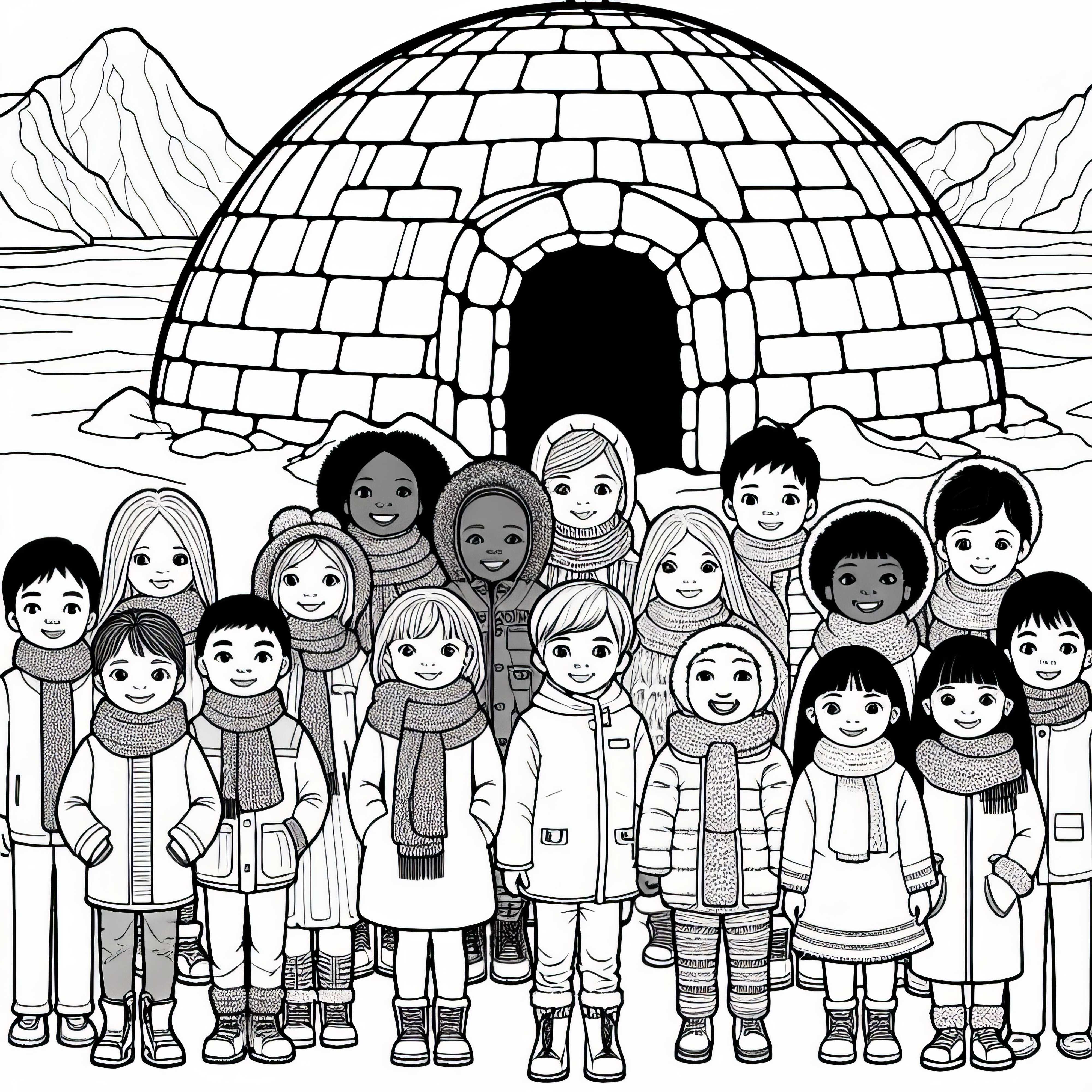 Anak-anak di depan igloo - Gambar untuk diwarnai gratis Anak-anak di depan iglo - Gambar untuk diwarnai gratis