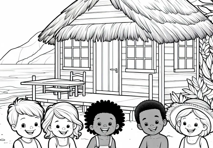 Dessin à colorier gratuit d'enfants devant une cabane de plage
