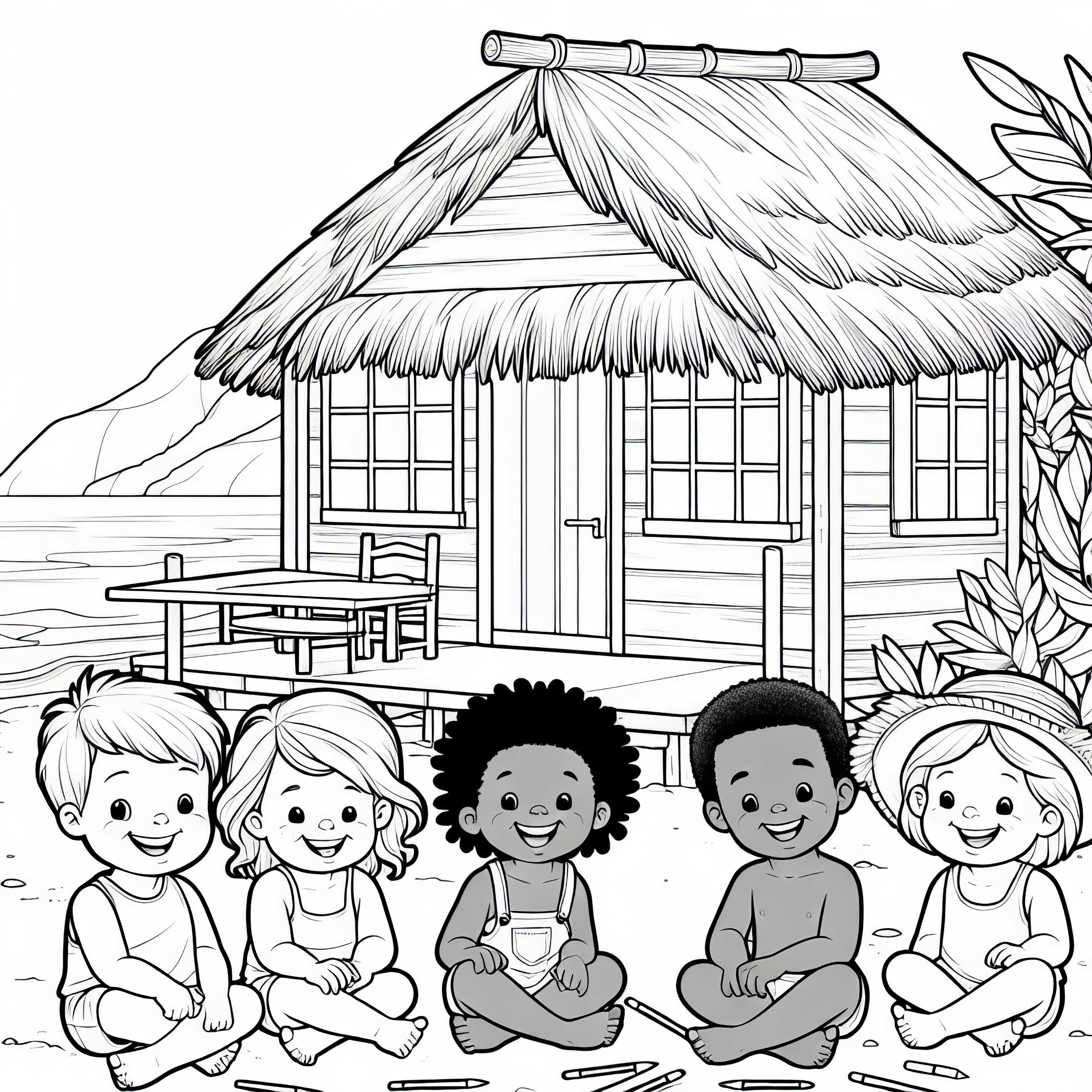Anak-anak di depan gubuk pantai gambar untuk diwarnai gratis Anak-anak di depan gubuk pantai, gambar mewarnai gratis