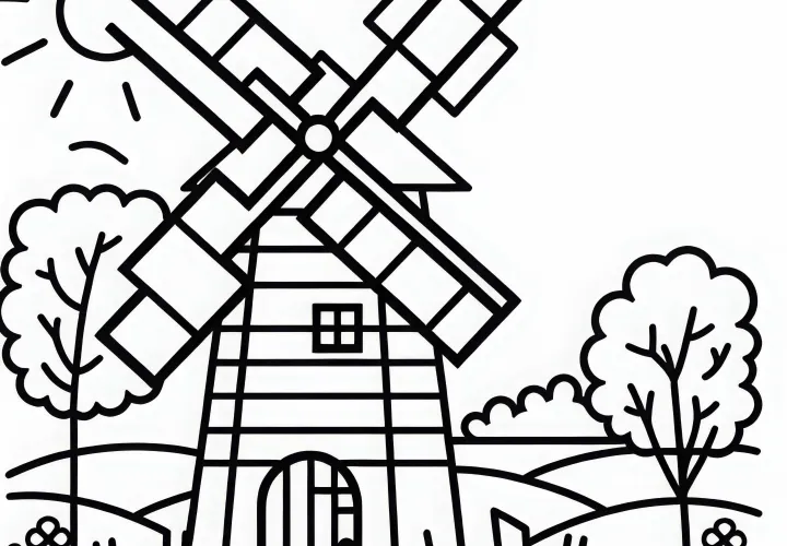 Раскраска с изображением ветряной мельницы для бесплатной загрузки