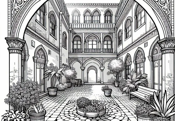 Бесплатная раскраска внутреннего двора