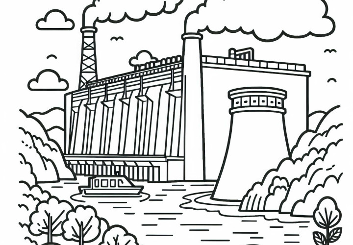 Modèle de coloriage de centrale hydroélectrique à télécharger gratuitement