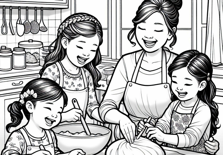 Ģimene cepšanā – Krāsojamā bilde tavai kulinārijas aizraušanās bez maksas