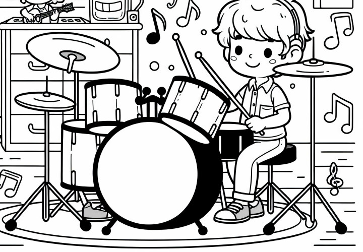 Tocar la batería: plantilla para colorear para tu hobby musical gratis