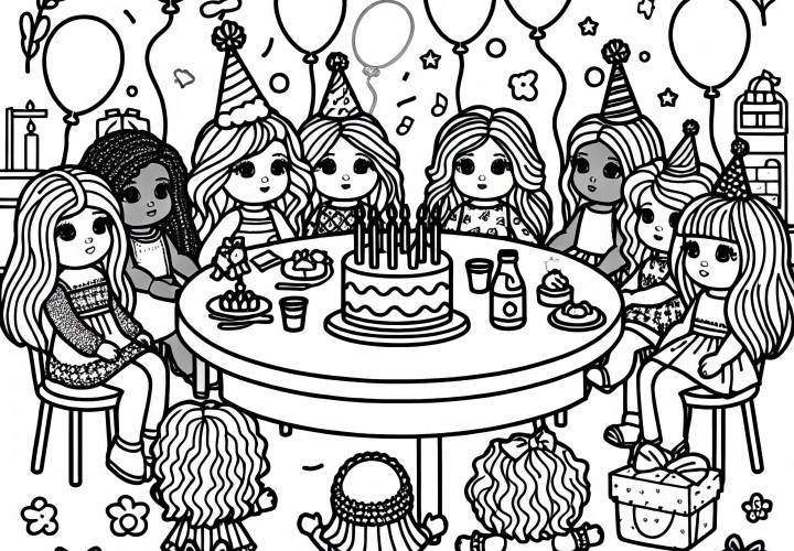Куклы уютно сидят вокруг маленького стола и празднуют день рождения – бесплатный раскраска