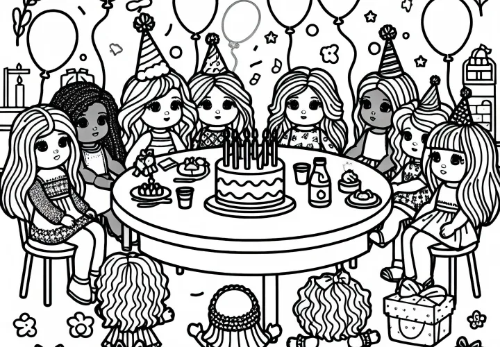 Куклы уютно сидят вокруг маленького стола и празднуют день рождения – бесплатный раскраска